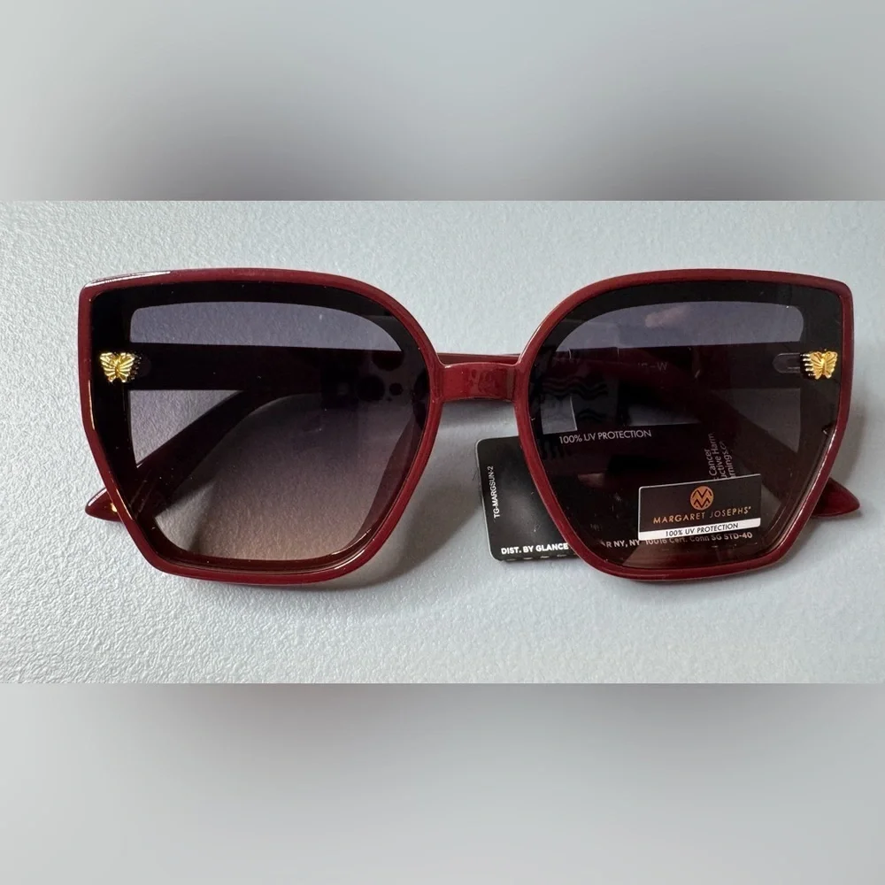 Margaret Josephs Burgundy square Sunglasses gold butterfly green red stripe over